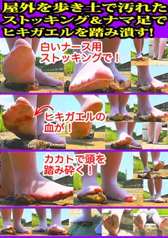 土で汚れたストッキング＆ナマ足でヒキガエルを踏み潰す
